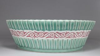 Chinese Green & Red Bamboo Form Porcelain Basin