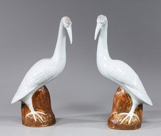 Pair Chinese White Glazed Porcelain Birds