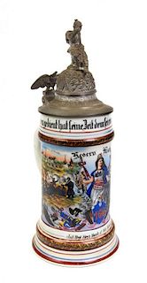 A German Pewter Mounted Regimental Stein, Height 10 3/4 inches.