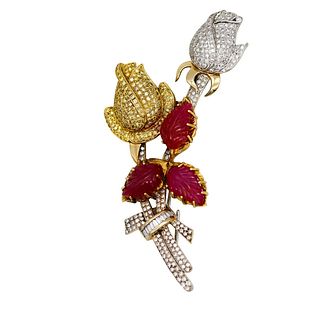 Diamonds & Rubies 18k Gold Flower Brooch