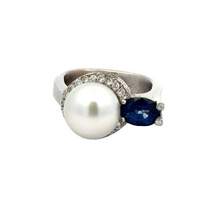 Sapphire, Diamonds & Pearl 18k Gold Ring