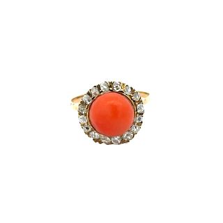 Coral & Diamonds Antique 18k Gold Ring