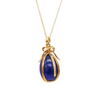 Tiffany Co 1976 Schlumberger Egg Necklace Chain In 18Kt Yellow Gold With Lapis Lazuli