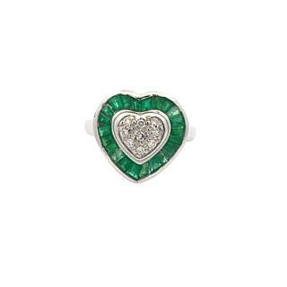 18k Gold Heart Ring with Emeralds & Diamonds