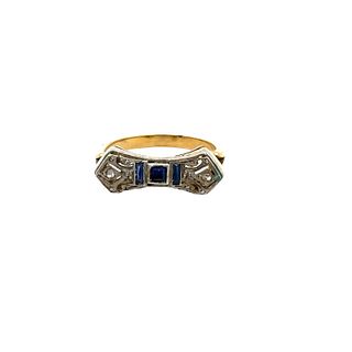 Art Deco 18k Gold Ring with Diamonds & Sapphires