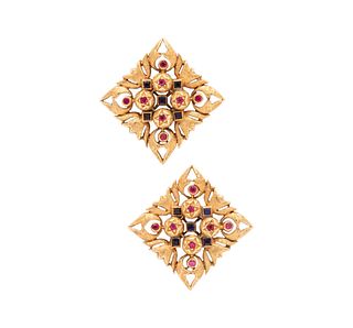 Italian Renaissance Clips Earrings In 18K Gold With Rubies & Sapphires