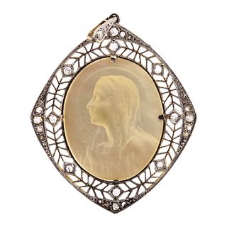 Art Deco Religious 18k Gold Pendant with Diamonds and Nacre