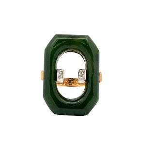 Geometric 14k Gold ring with Jade and Diamonds