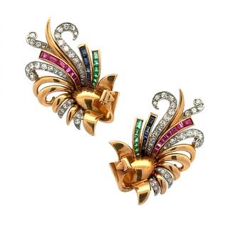 Peacock Multigemstones & Diamonds Ear-Clips