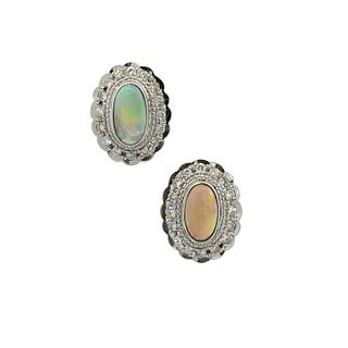 Oval Opal & Diamond Cluster Earrings