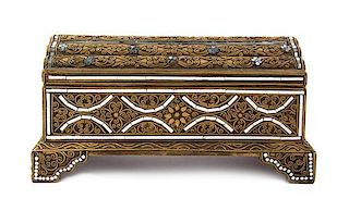 An Indian Mirror Inset and Wirework Decorated Table Casket, Width 12 3/4 inches.