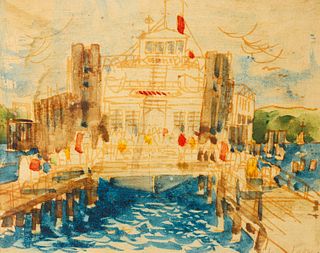 Watercolor Ship at Harbor, Attribuited