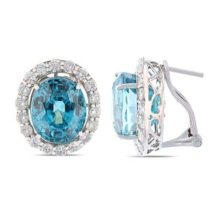 Pair 14K White Gold Earrings with Zircon and Diamond