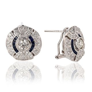 Pair Platinum Earrings with Blue Sapphire and Diamond
