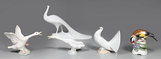 Group of Five Fine Porcelain Birds, Lladro, Royal Dux