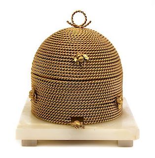 A Gilt Metal Wirework and Onyx Box, Height overall 7 inches.
