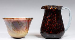 Group of Two Hand Blown Glass Pitcher and Vase