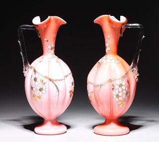 Pair Antique Pink Glass Ewer Vases