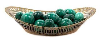 A Collection of Twenty-One Worked Malachite Specimens, Width of widest egg 22 1/2 inches.