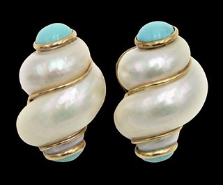 A Pair of Maz Turbo Shell and Turquoise Earrings