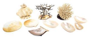 A Collection of Seashells, Coral, and Seashell Mounted Articles, Width of widest 8 inches.