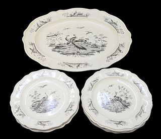 11 Piece Set of Transfer Decorated Creamware Plates and a Matching Oval Platter