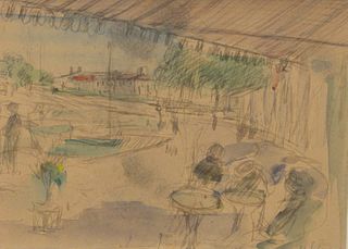 Henri Lebasque (1864 - 1937), "Cafe sur la Terrace" Watercolor and Pencil on Paper
