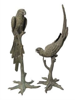 A Pair of Bronze Parrots on Branches