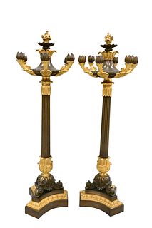 A Pair of Bronze and Gilt Bronze Candelabra