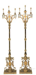 A Pair of French Gilt-Bronze and Polished Brass Three-Light Torcheres