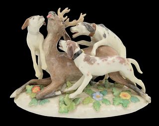 Meissen Porcelain Figure of Three Hunting Dogs Killing a Stag