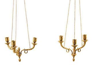 A Pair of Neoclassical Style Brass Three-Light Fixtures, Width 9 inches.