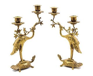 A Pair of Brass Two-Light Candelabra, Height 13 inches.