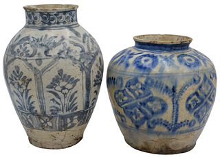 Two Persian Blue and White Glazed Ceramic Pots
