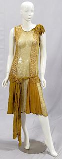 VINTAGE, 1920'S, FLAPPER DRESS, DARK GOLD, CREPE