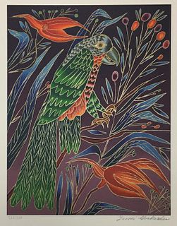 Yuri Gorbachev - Green Parrot on Red Flower