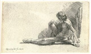 Rembrandt van Rijn (after) - Nude Man Sitting on the Ground