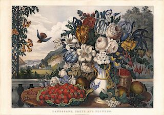 Landscape, Fruit and Flowers - Original Large Folio Currier & Ives Lithograph