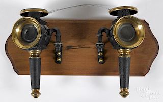 Diminutive pair of brass and tin carriage lamps, 19th c., 9'' h.