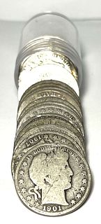Full Date $10 Face Value 90% Silver Barber Half Dollar Roll (20-Coins)