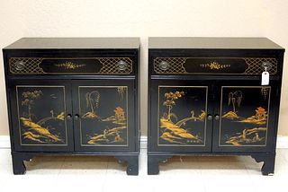 Pair of Oriental Black Lacquer 2-Door Cabinets.