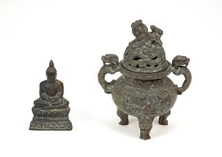 Chinese Bronze Lidded Censer & a Seated Figure.