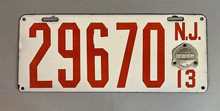 1913 Enamel New Jersey License Plate