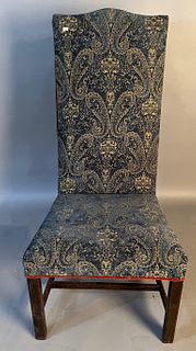 18th c High Back Chair w Blue Chenille Upholstery