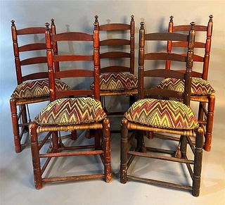 Set of Five Ladderback Chairs in Red Paint
