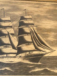 Charcoal Drawing of a Clipper Ship in Rope Frame