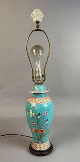 Vintage Blue Asian Lamp w Birds and Cherry Blossoms
