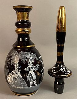 Paint Decorated Deep Purple Glass Decanter with Gold Detail