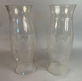 Pair of Vintage Etched Glass Eagle Hurricanes