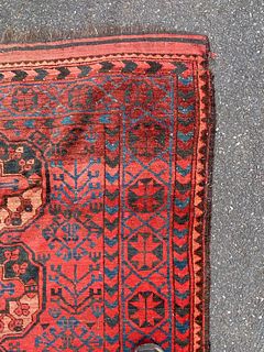 Antique Oriental Carpet Deep Red Background Blue Design
